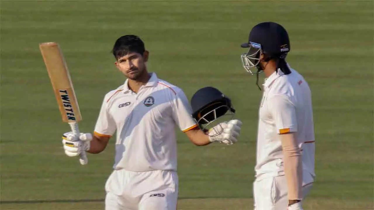 Ganesh Satish celebrating a ton for Vidarbha.