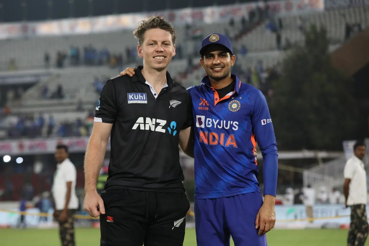 Michael Bracewell and Shubman Gill entertained the fans in Hyderabad yesterday (Image: BCCI)