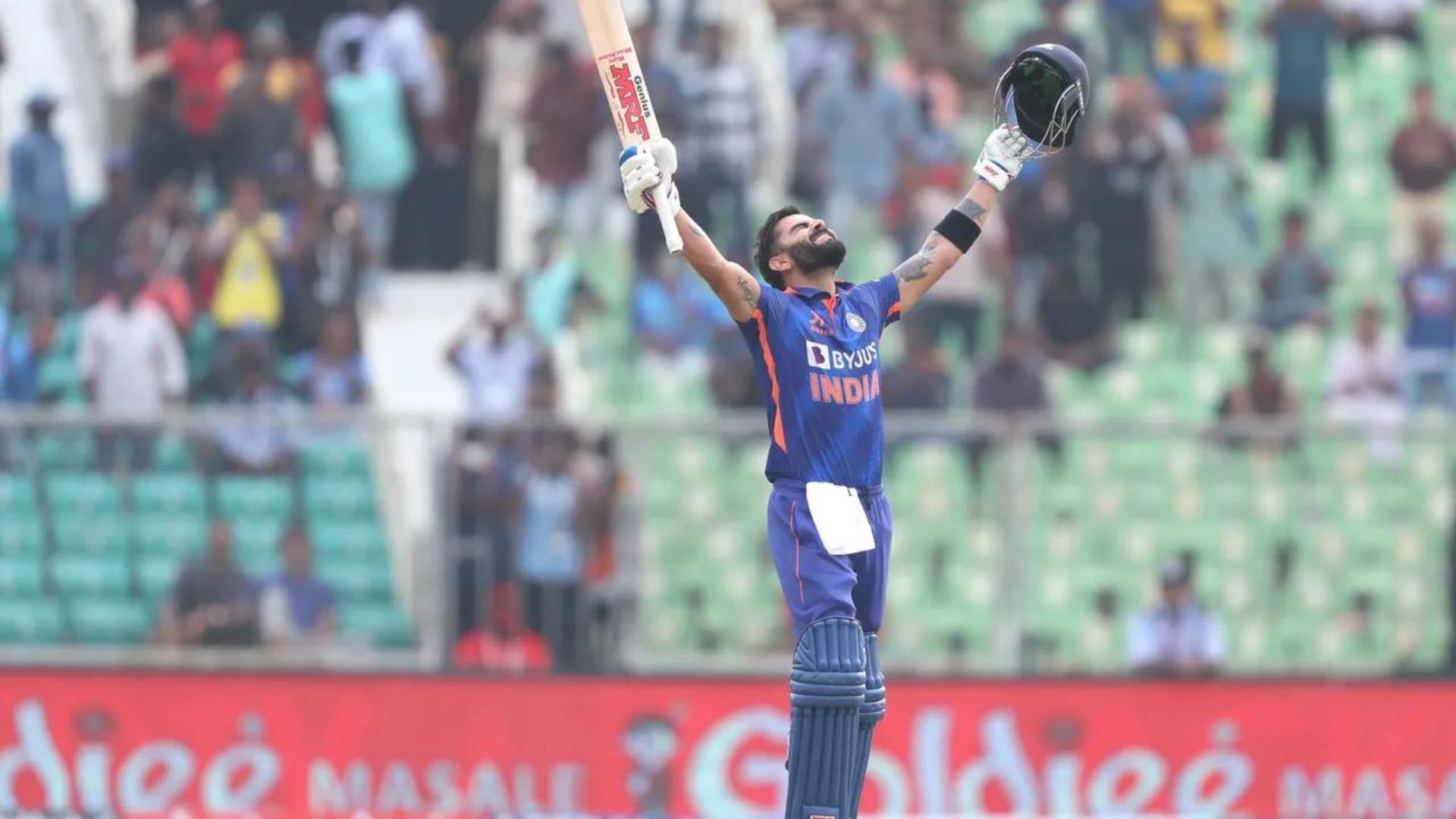 Virat Kohli reacts after reaching his 46th ODI hundred. (P.C.:BCCI)