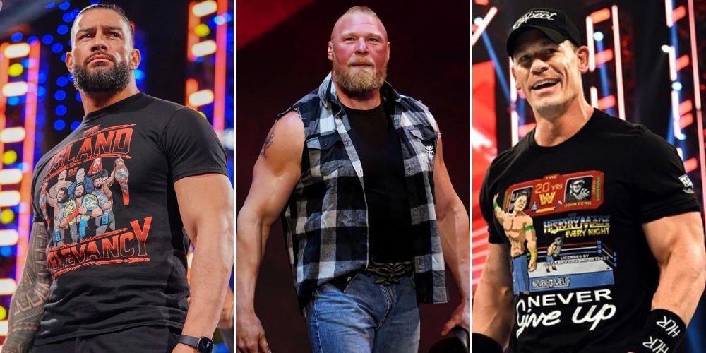 WWE stars Roman Reigns. Brock Lesnar and John Cena