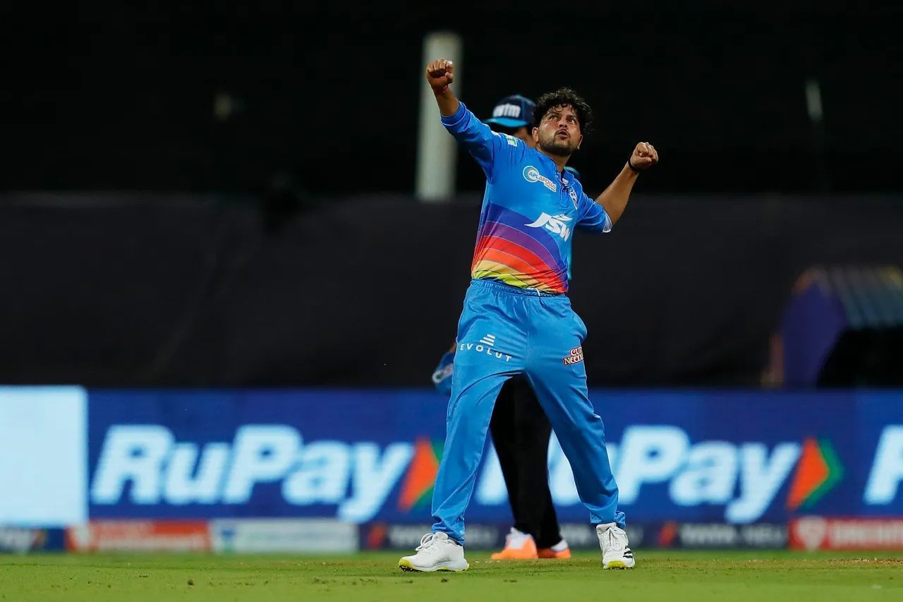 Kuldeep Yadav celebrates a wicket during IPL 2022. Pic: BCCI