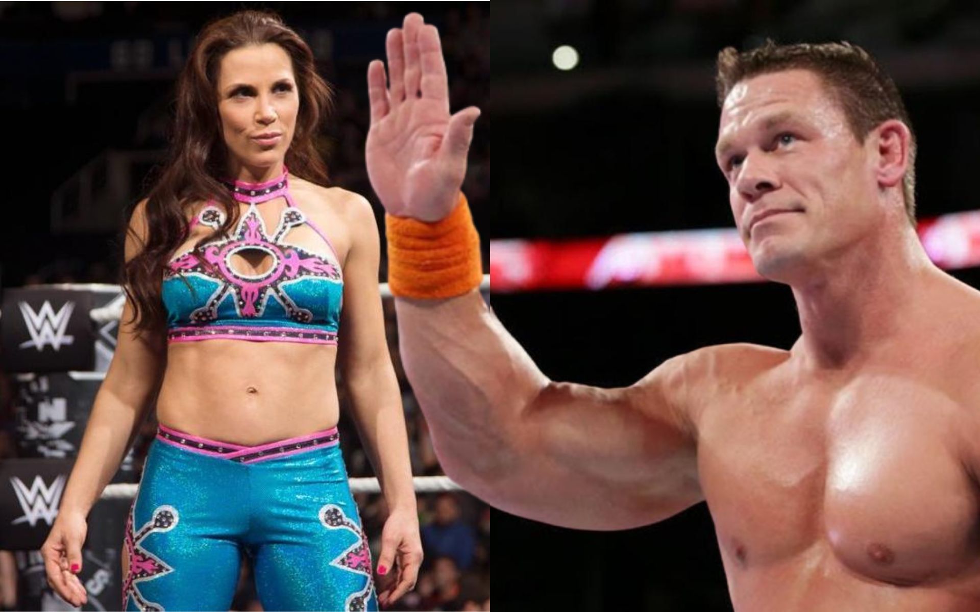 Mickie James (L) and John Cena (R).