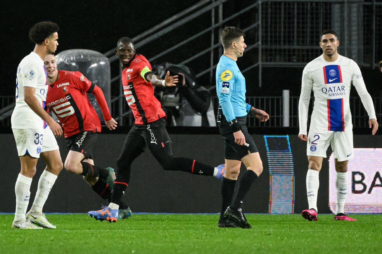 Captain Hamari Traore celebrates after putting Renne 1-0 up against PSG