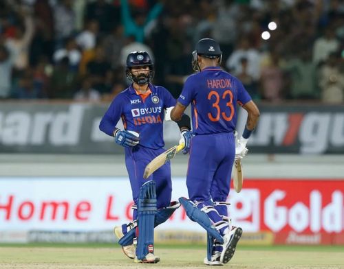 Dinesh Karthik and Hardik Pandya starred with the bat during India's last T20I in Rajkot [Pic Credit: BCCI]