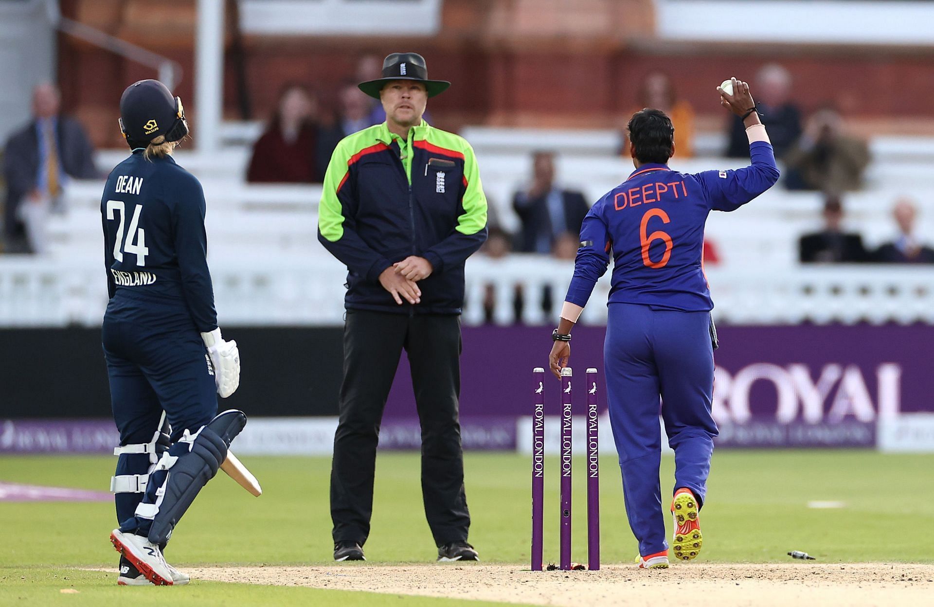 Charlie Dean (left) reacts after being run out by Deepti Sharma. Pic: Getty Images