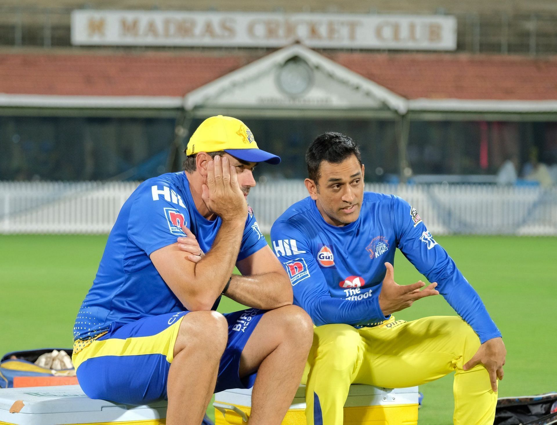 Stephen Fleming (left) chats with MS Dhoni. Pic: CSK