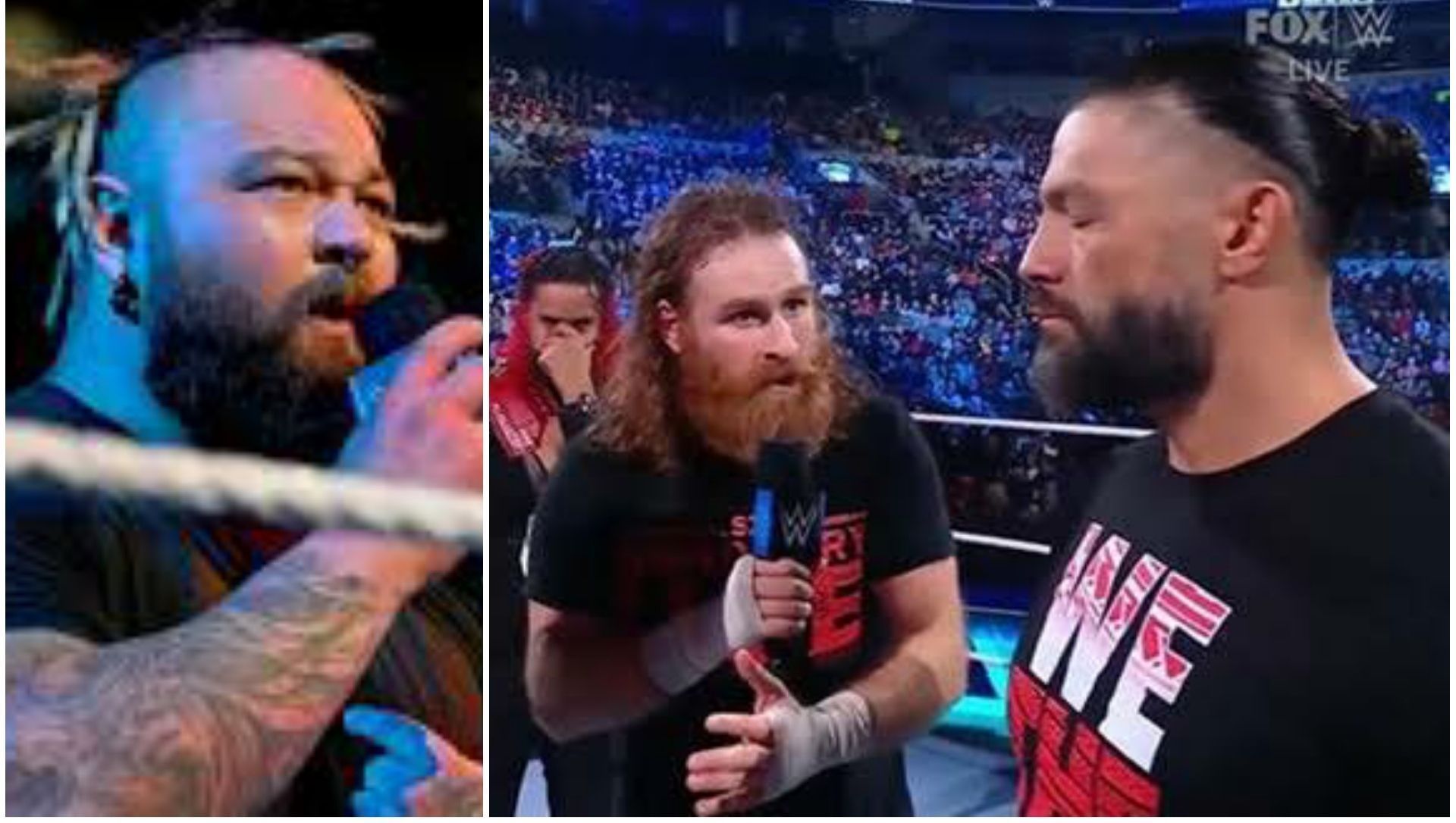 Bray Wyatt (left); Sami Zayn &amp; Roman Reigns (right)