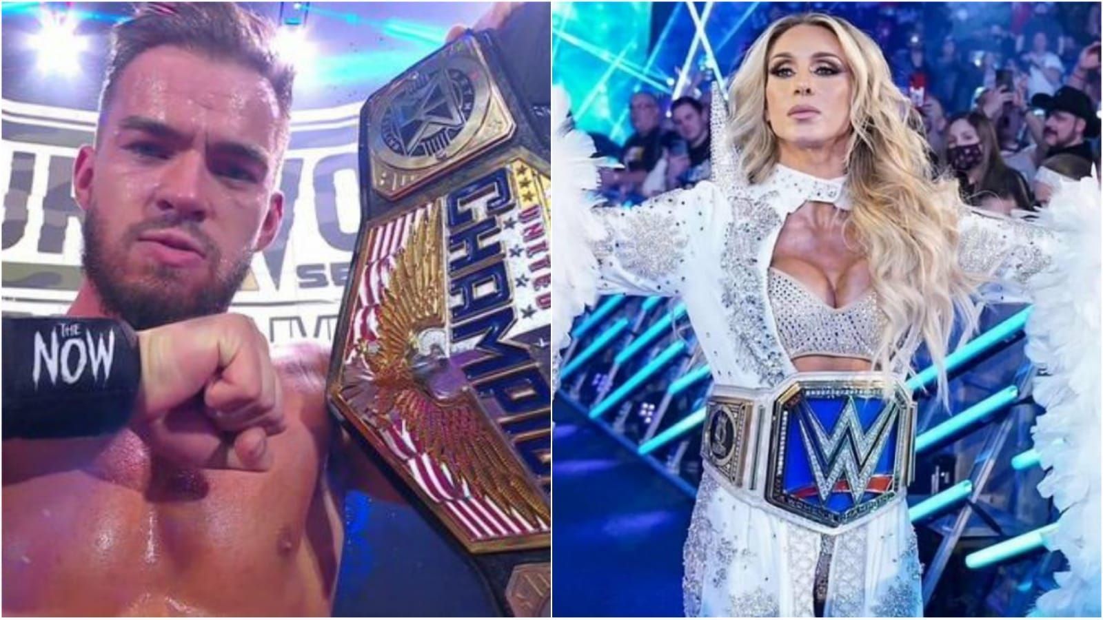 Austin Theory (left); Charlotte Flair (right)