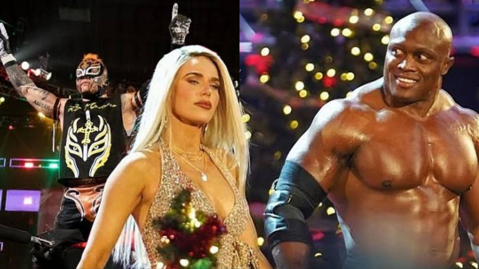 Rey Mysterio (L); Lana and Bobby Lashley (R).