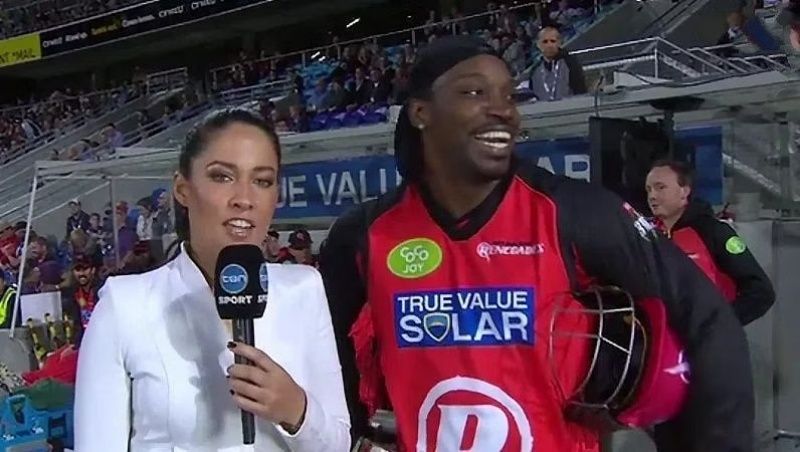 Mel McLaughlin (left) and Chris Gayle. Pic: Channel 10