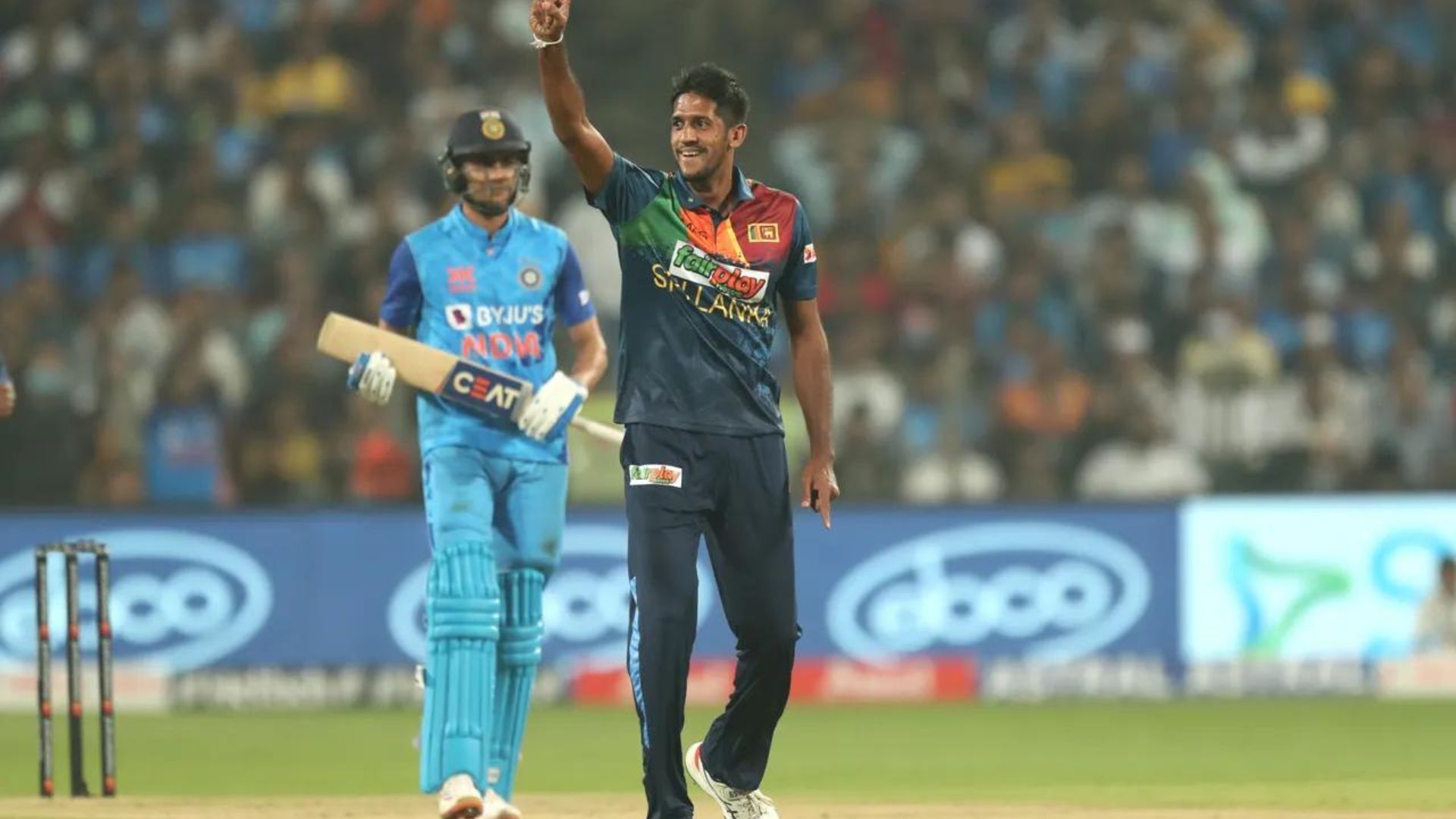 Kasun Rajitha of Sri Lanka celebrates after dismissing Shubman Gill (P.C.:BCCI)