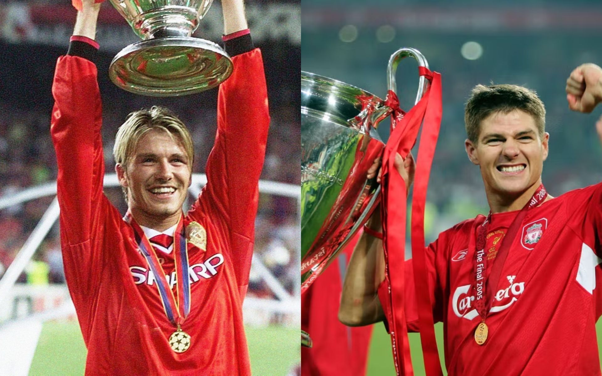 David Beckham with the UCL trophy (L); Steven Gerrard with the UCL Trophy (R).