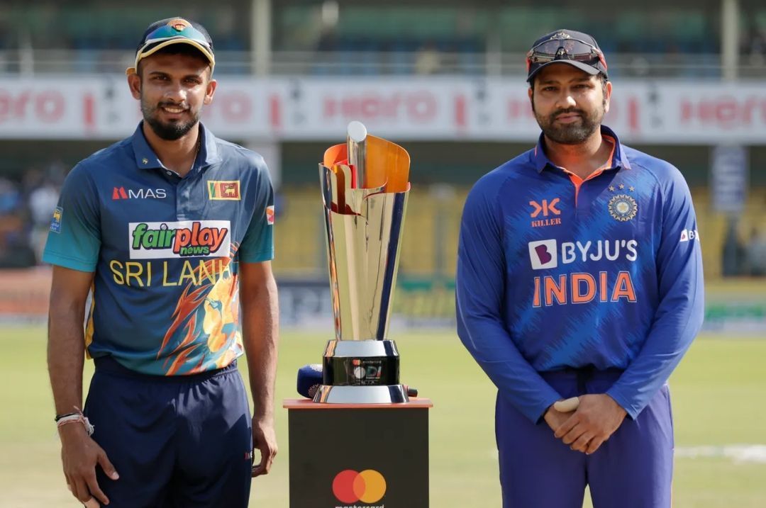 Dasun Shanaka and Rohit Sharma posing with the ODI trophy [Pic Credit: BCCI]