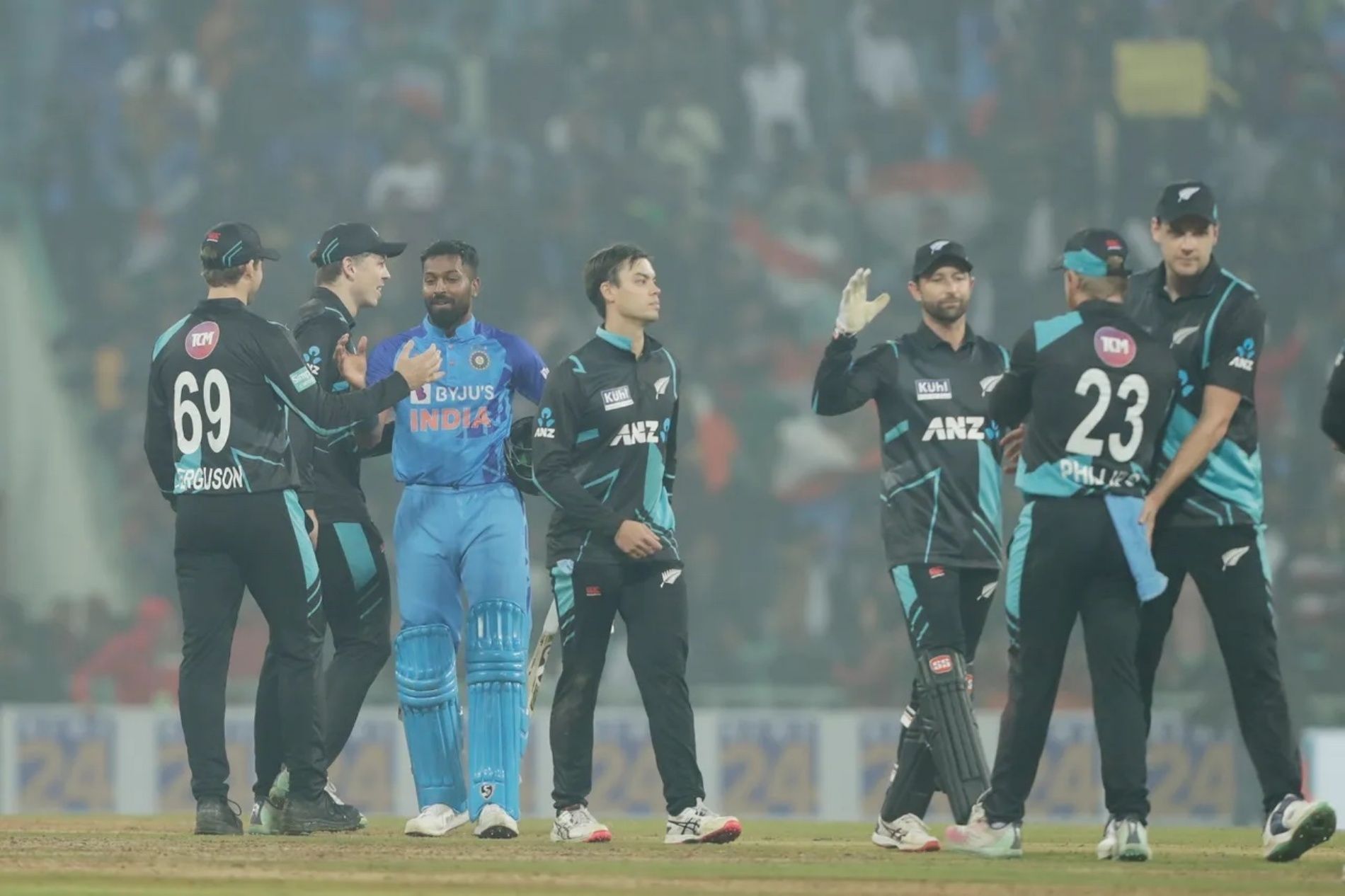 Team India captain Hardik Pandya with New Zealand players after the Lucknow T20I. Pic: BCCI