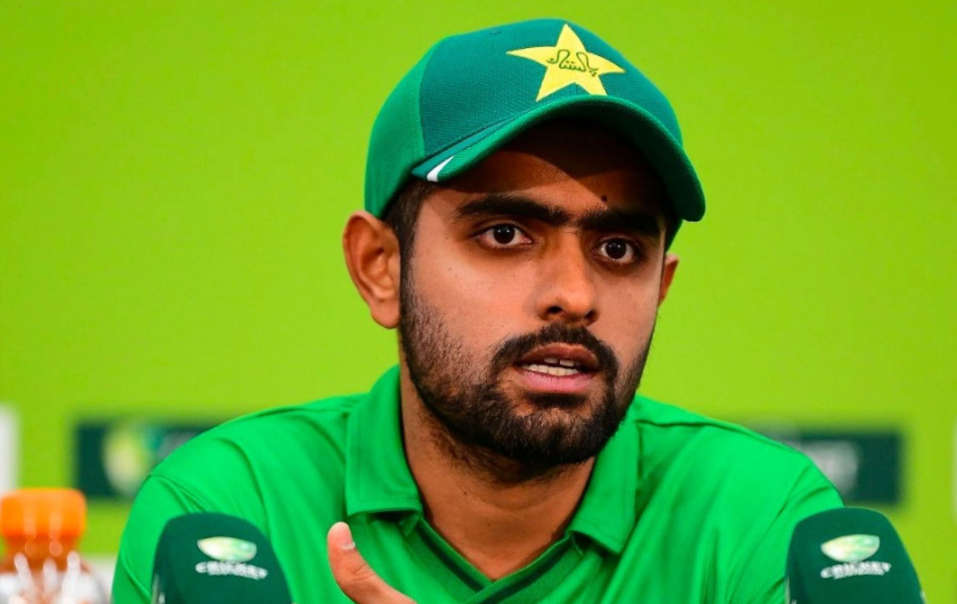 Babar Azam at a press conference. (Pic: Getty)