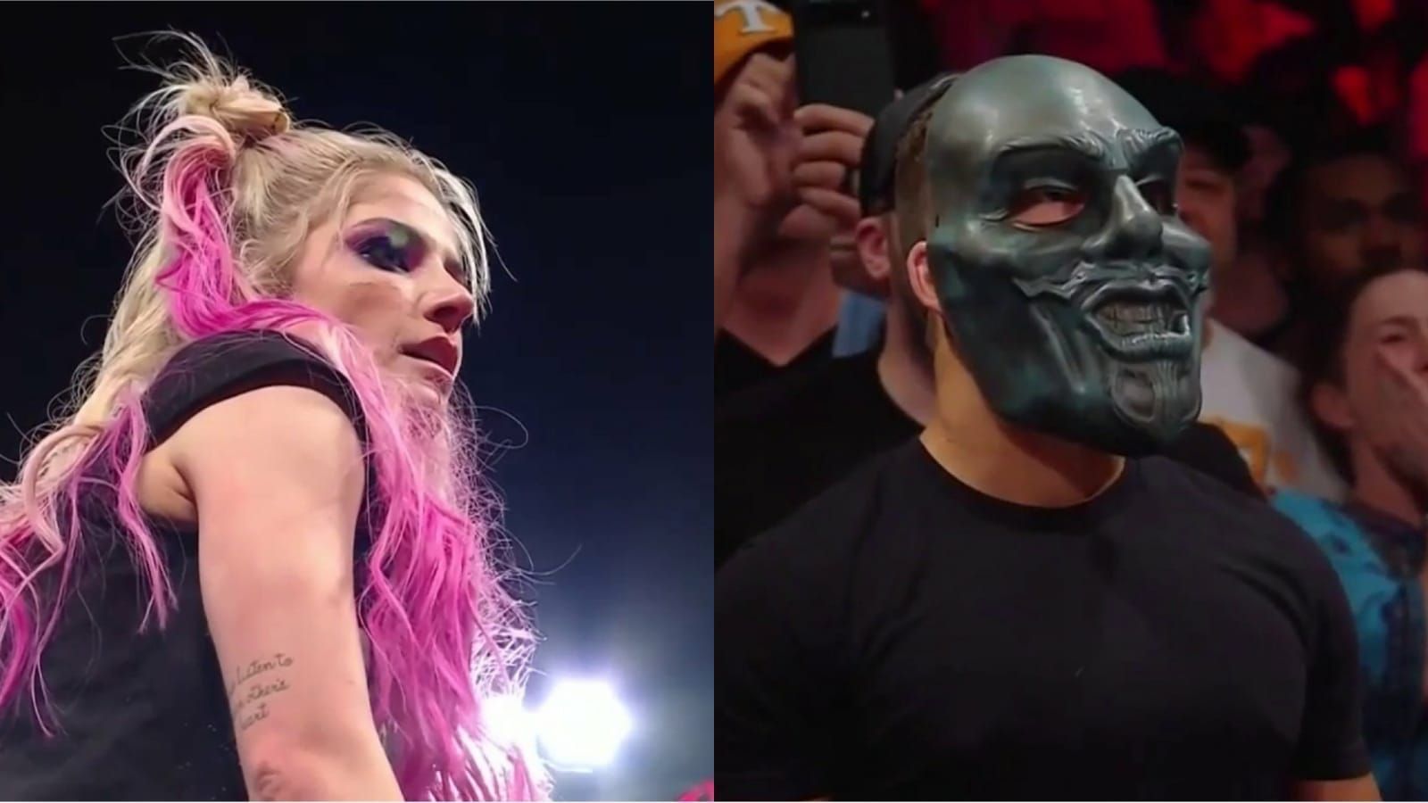 Alexa Bliss (left); Mysterious man in Uncle Howdy