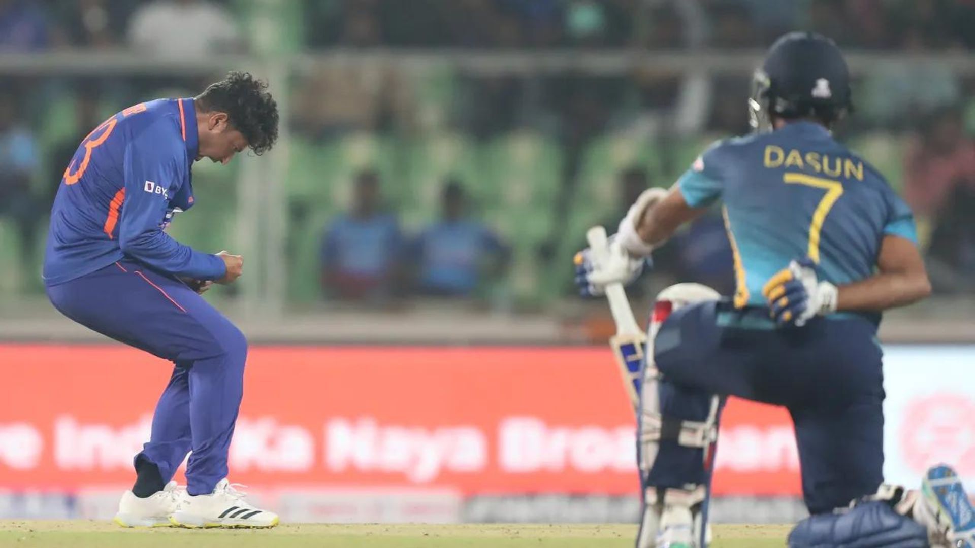 Kuldeep Yadav (L) left Dasun Shanaka stunned once again. (P.C.:BCCI)