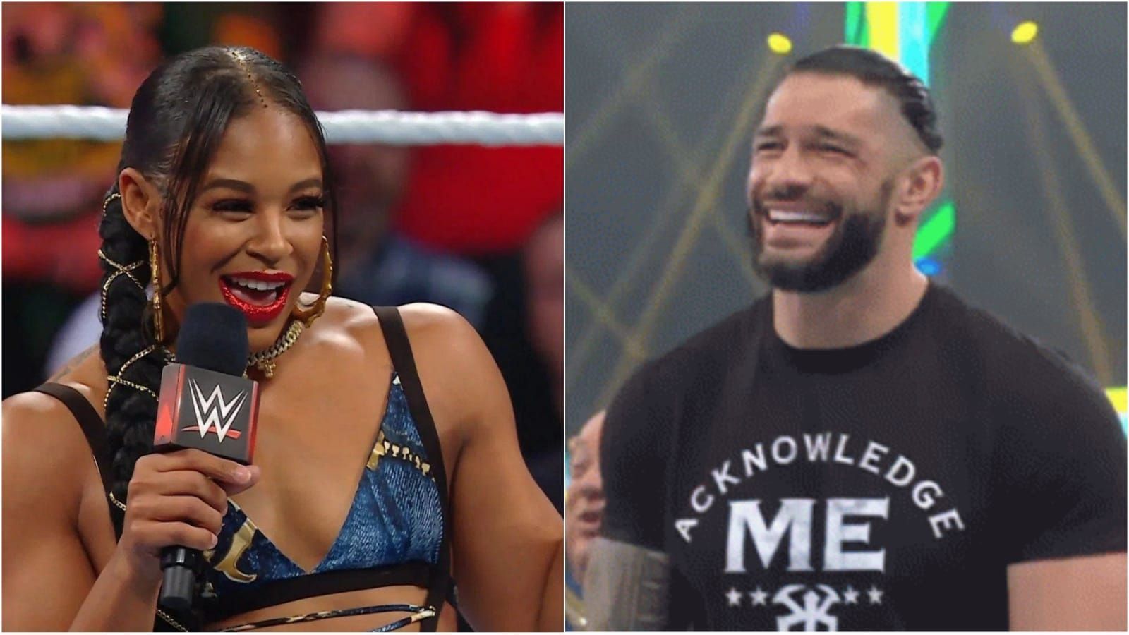 Bianca Belair (left); Roman Reigns (right)