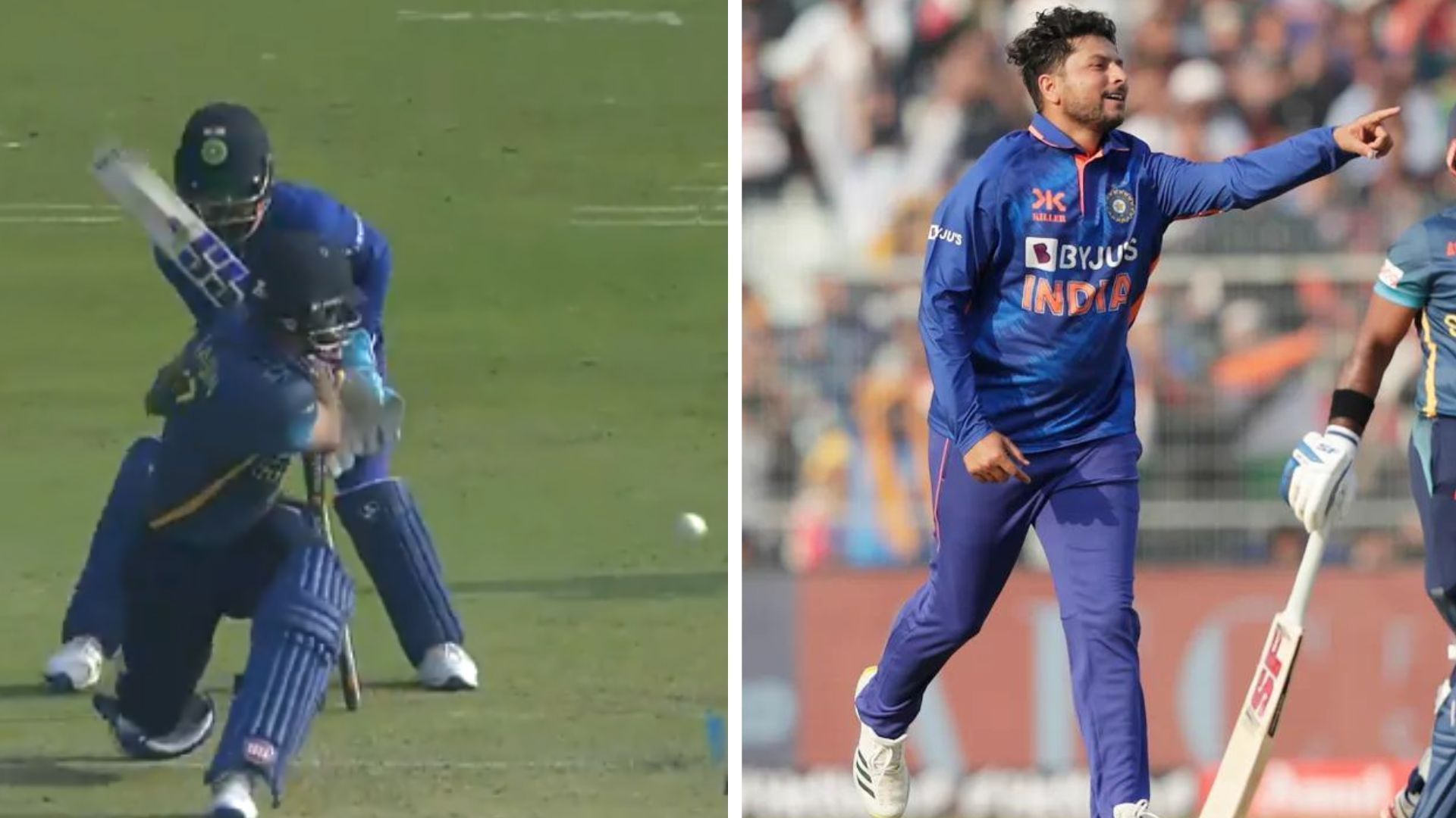 Kuldeep Yadav (R) completely bamboozled Dasun Shanaka (P.C.:BCCI)