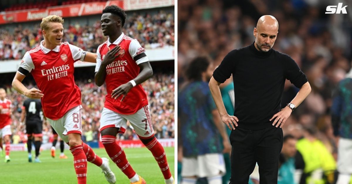 Martin Odegaard and Bukayo Saka (left) and Pep Guardiola (right)