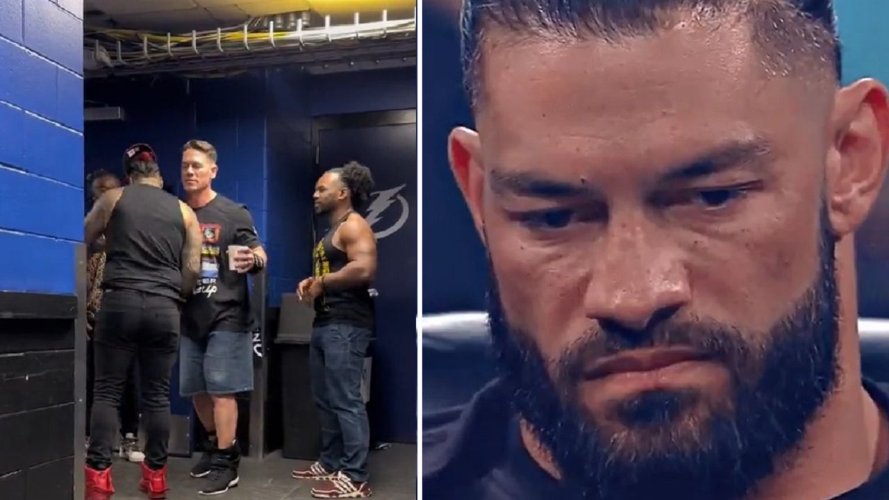 Cena and Jimmy Uso backstage (left); Roman Reigns (right)