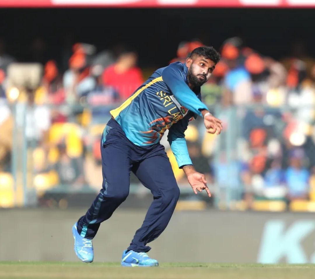 Wanindu Hasaranga in action during the first ODI [pic Credit: BCCI]