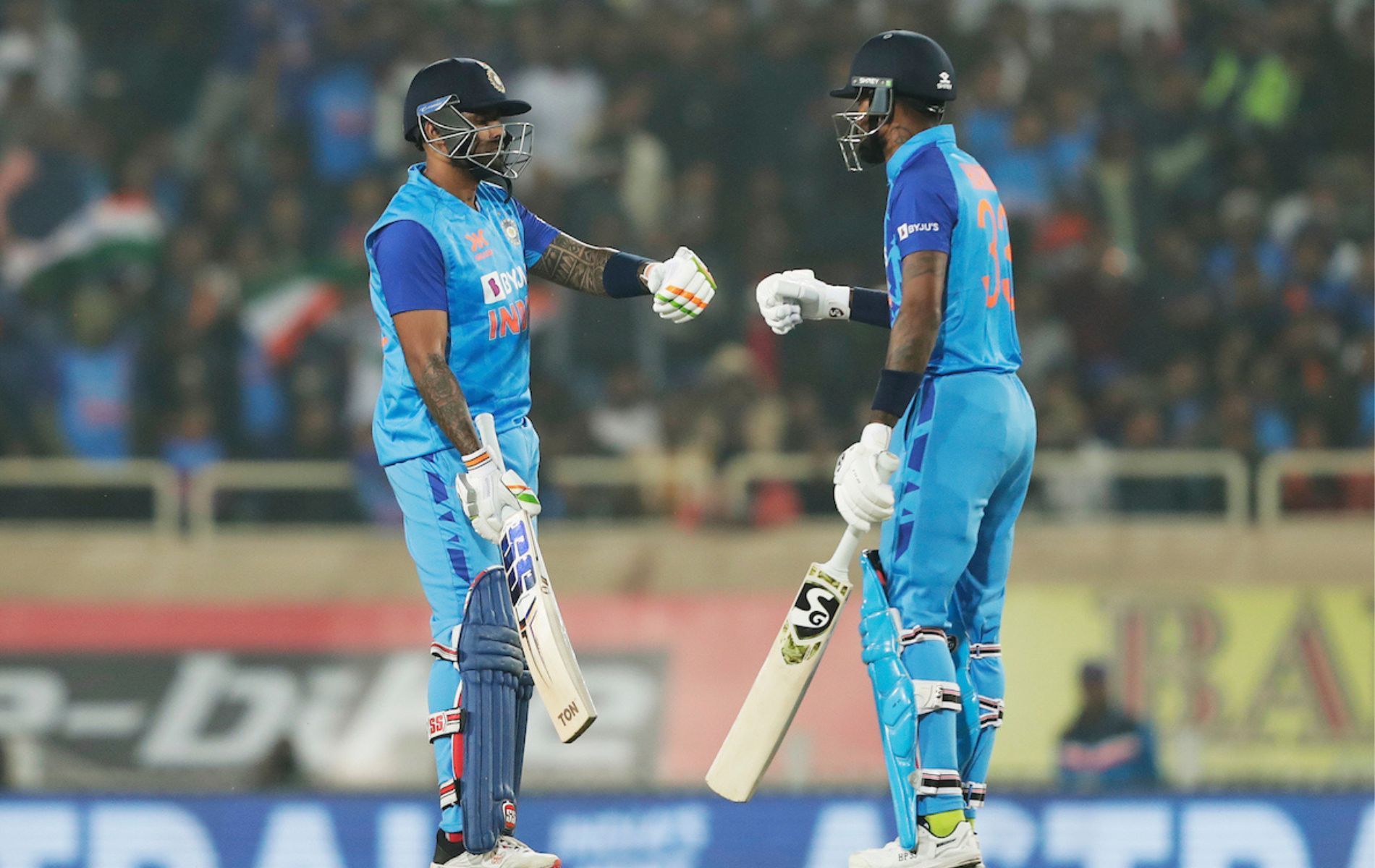 Indian batters Suryakumar Yadav (L) with Hardik Pandya. (Pic: Twitter)