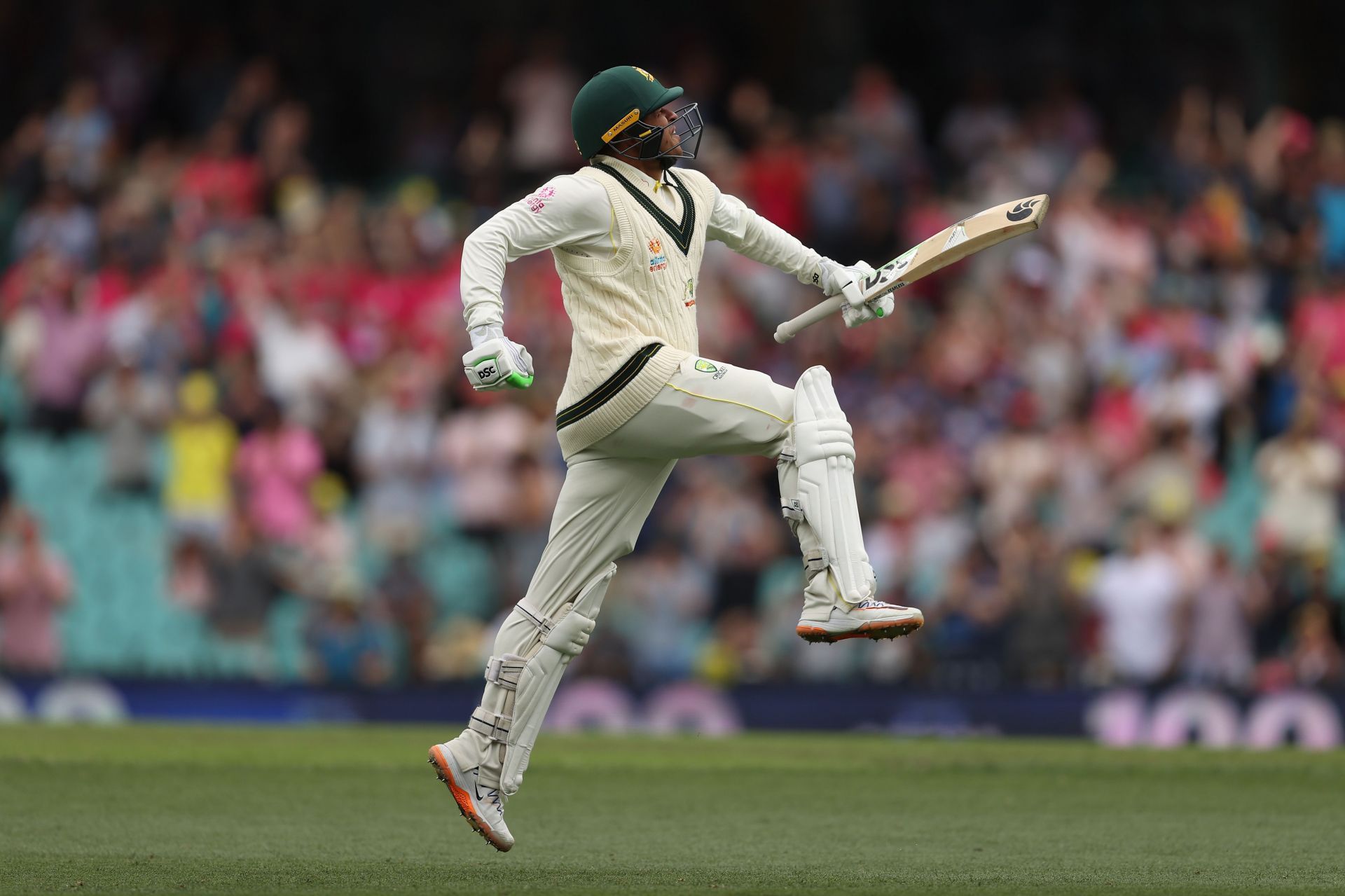 Usman Khawaja celebrates after reaching three figures. (Credits: Getty)