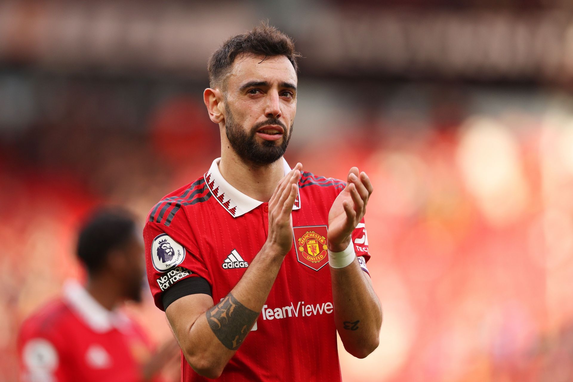 Bruno Fernandes applauded fans following the win over Barcelona.