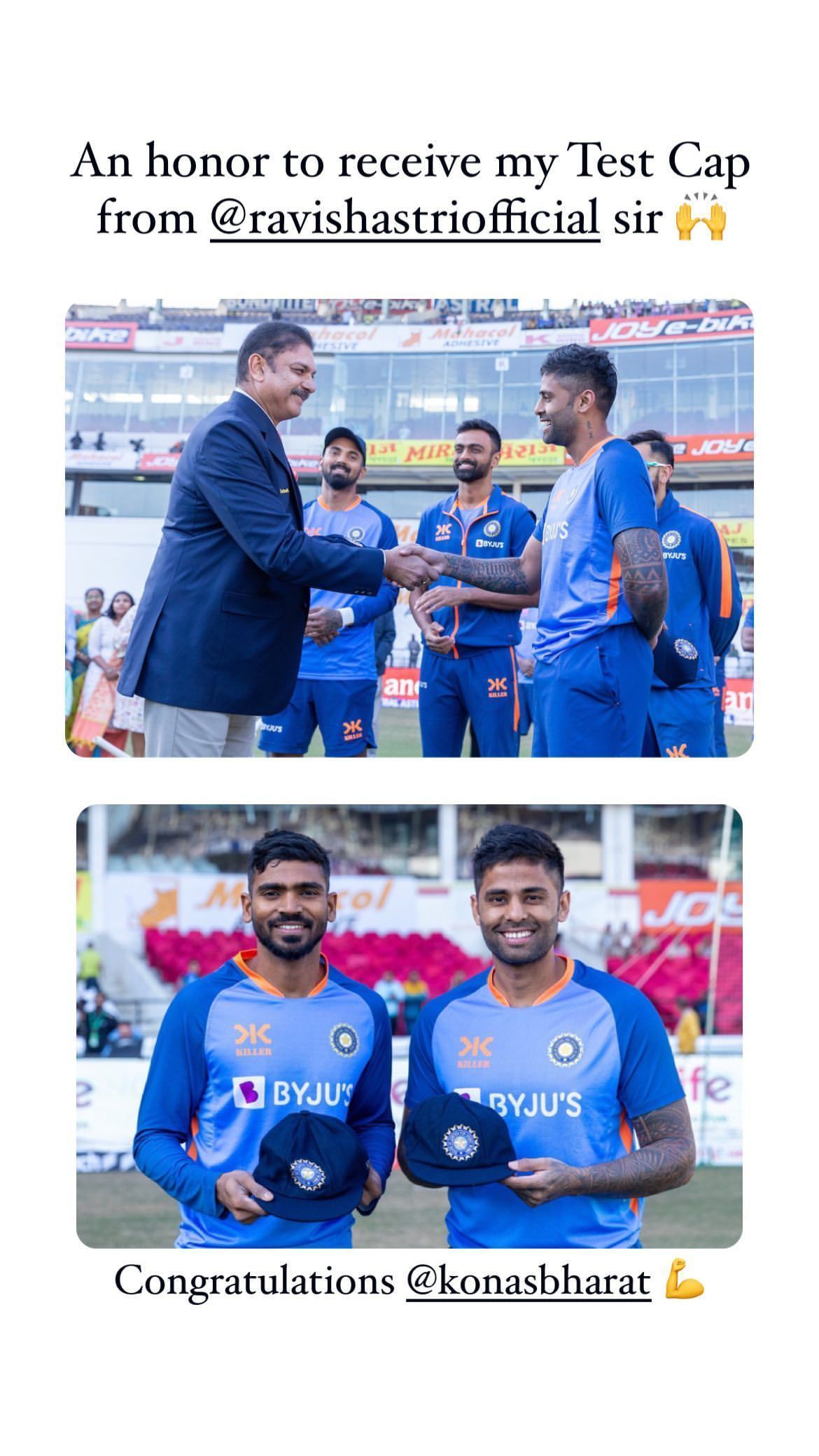 Suryakumar Yadav receiving Test cap from Ravi Shastri. (Credit: Instagram)