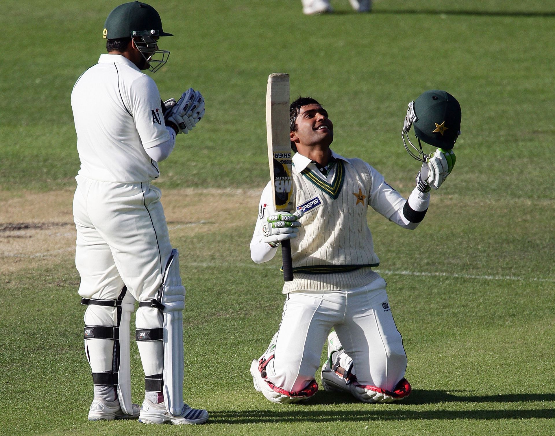 Umar Akmal celebrates his century on his Test debut in Dunedin. Pic: Getty Images