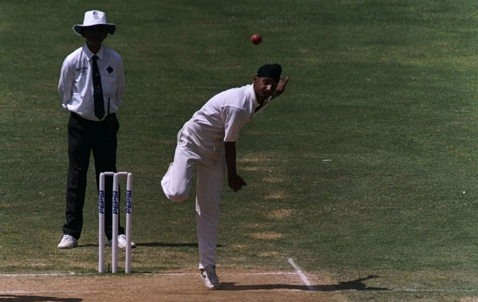 Harbhajan Singh bowling in his debut Test. Pic: Getty Images