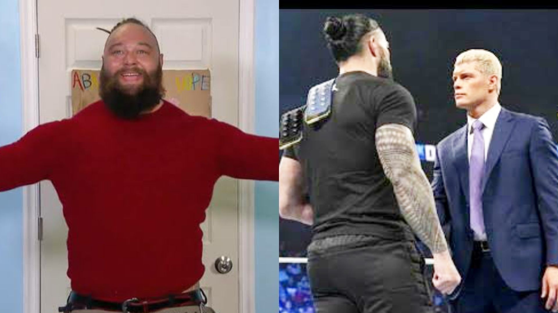 Bray Wyatt (left); Roman Reigns &amp; Cody Rhodes (right)