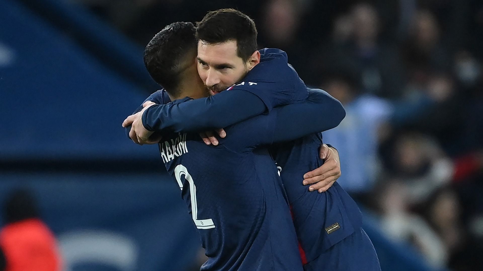 Achraf Hakimi and Lionel Messi celebrate their team