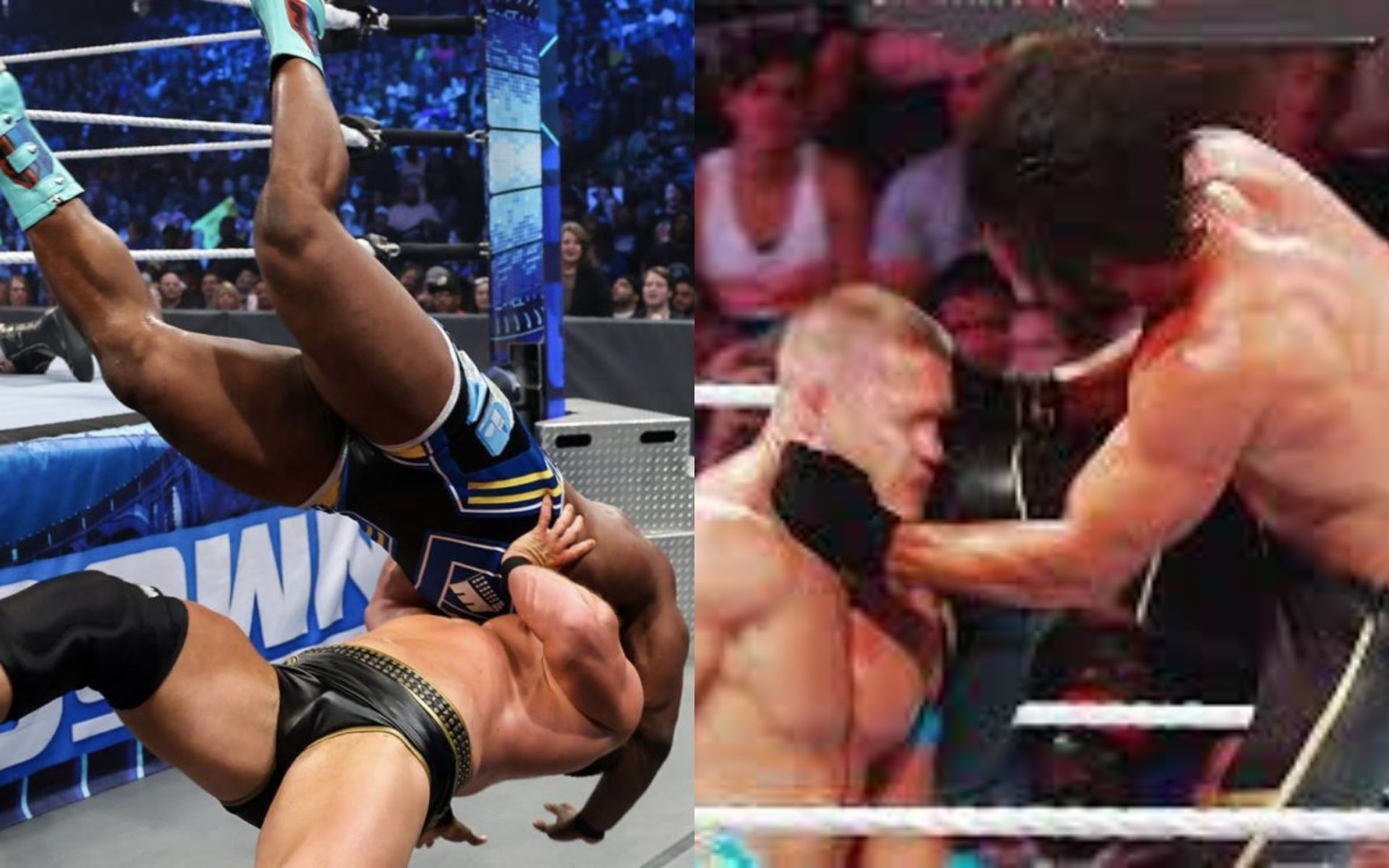 Ridge Holland and Big E (L); Seth Rollins and John Cena (R).