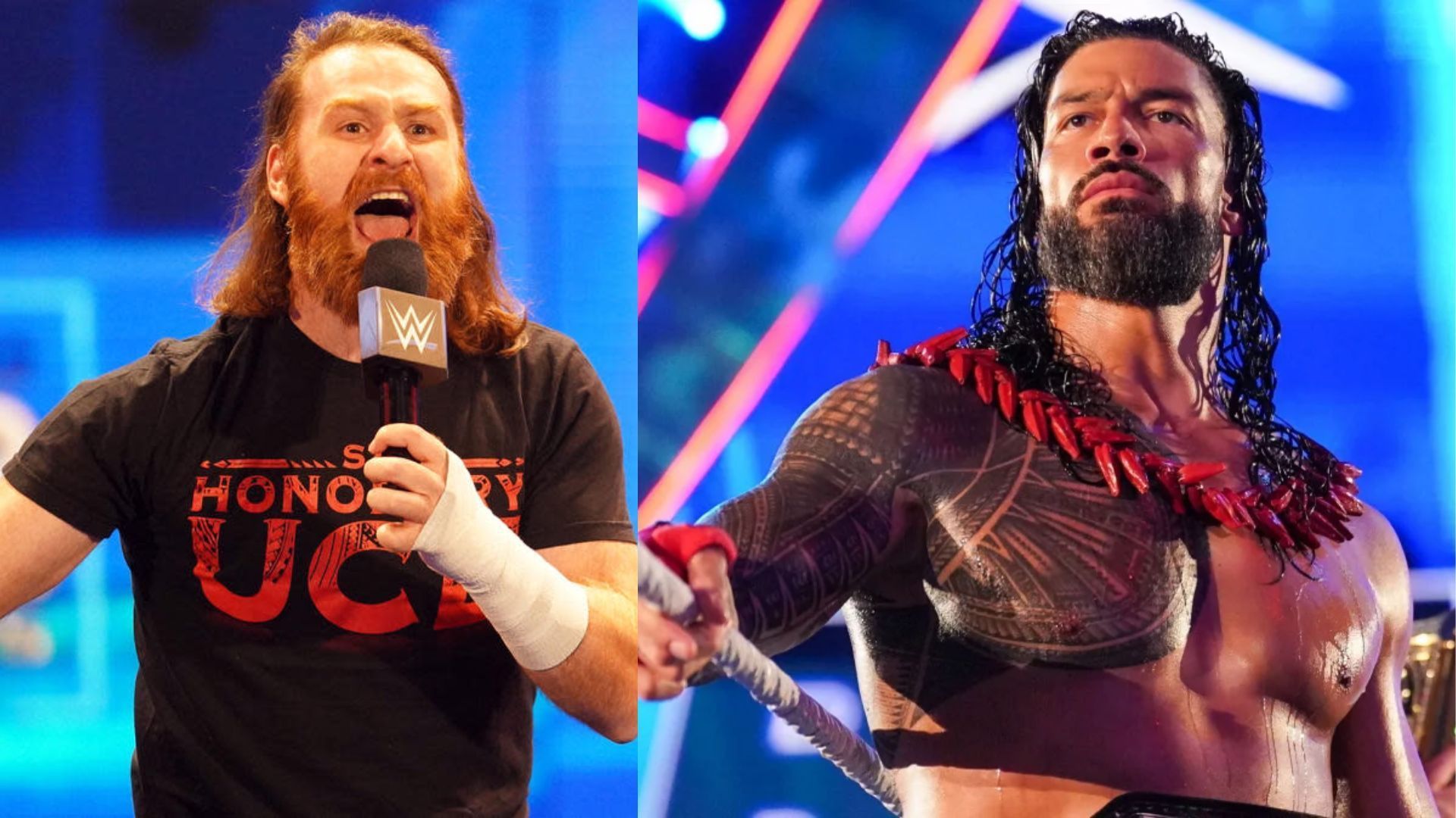 Sami Zayn (left); Roman Reigns (right)