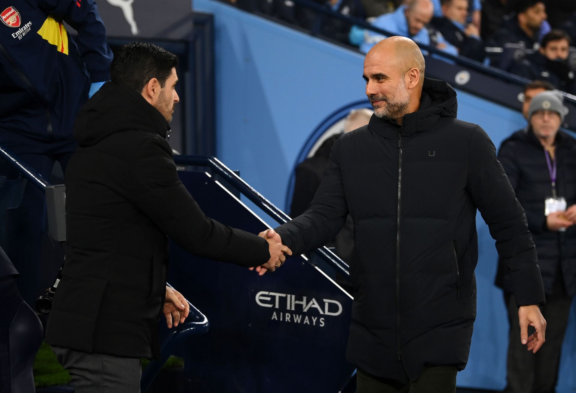 Mikel Arteta and Pep Guardiola greet each other