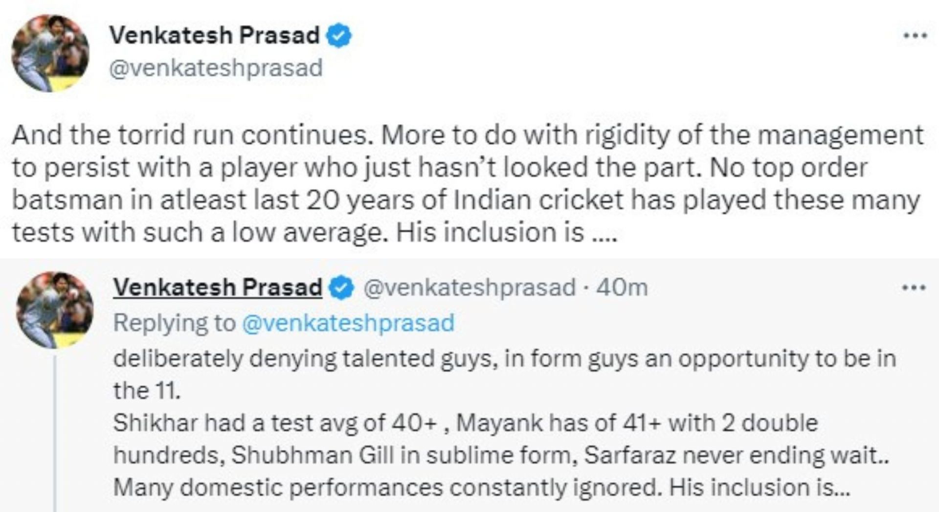 Venkatesh Prasad feels that KL Rahul should make way for Shubman Gill.