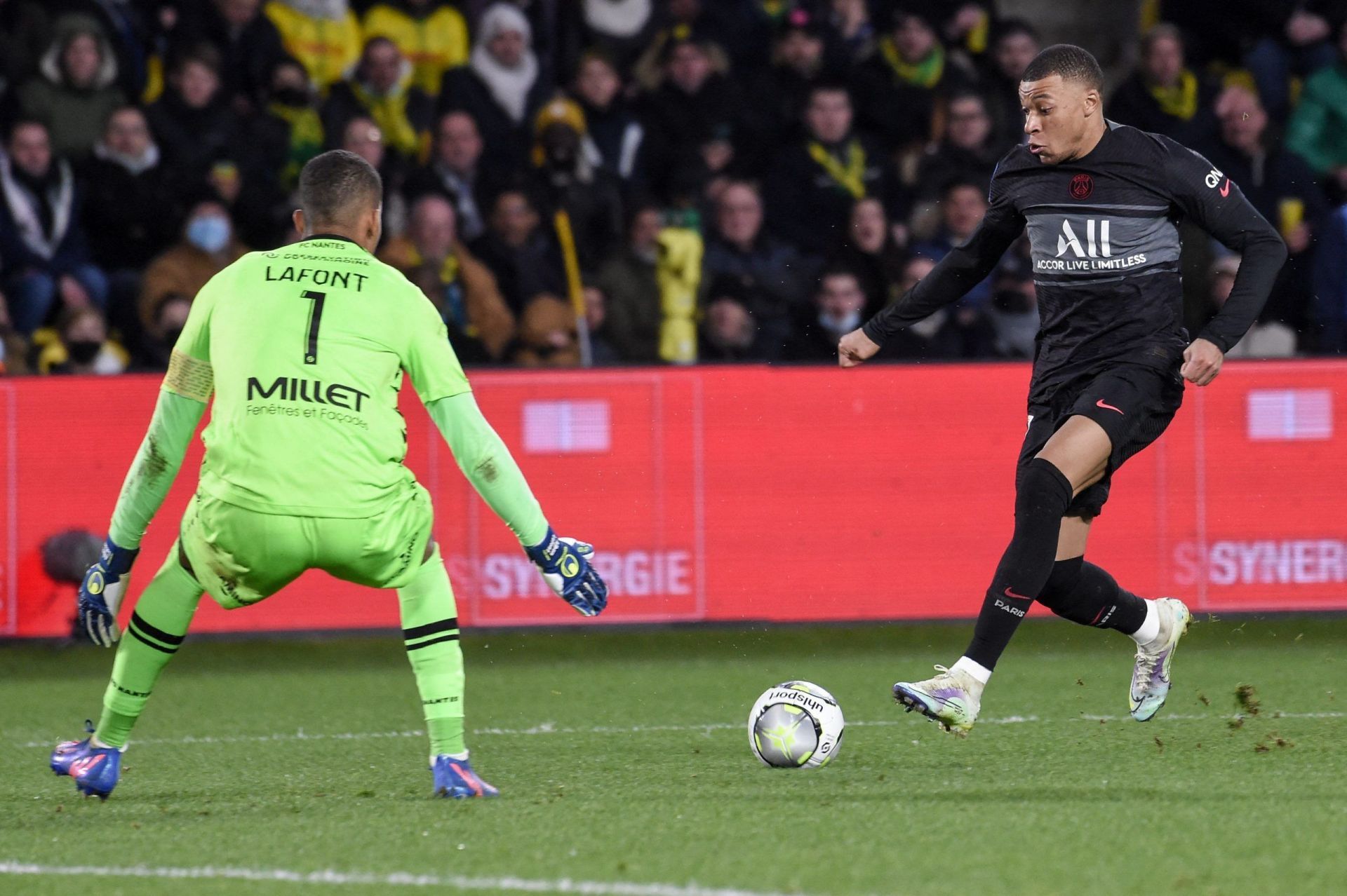 Alban Lafont in action for FC Nantes