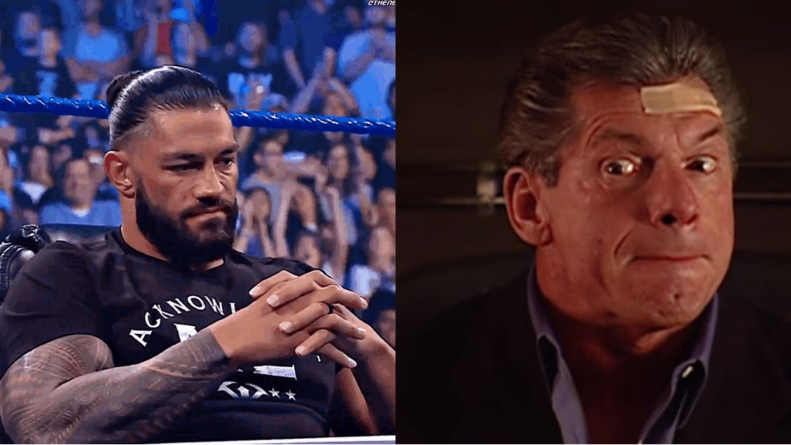 Roman Reigns (left); Vince McMahon (right)