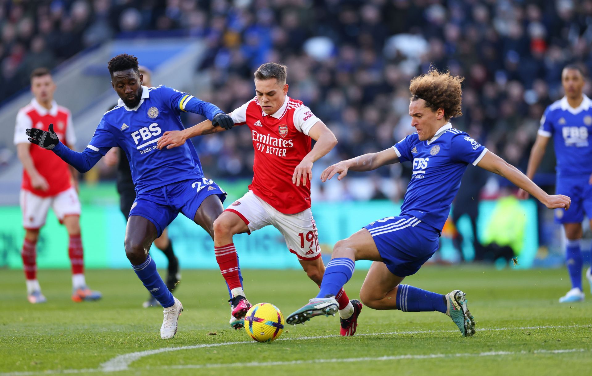 Leandro Trossard (centre) was impressive against Leicester City.