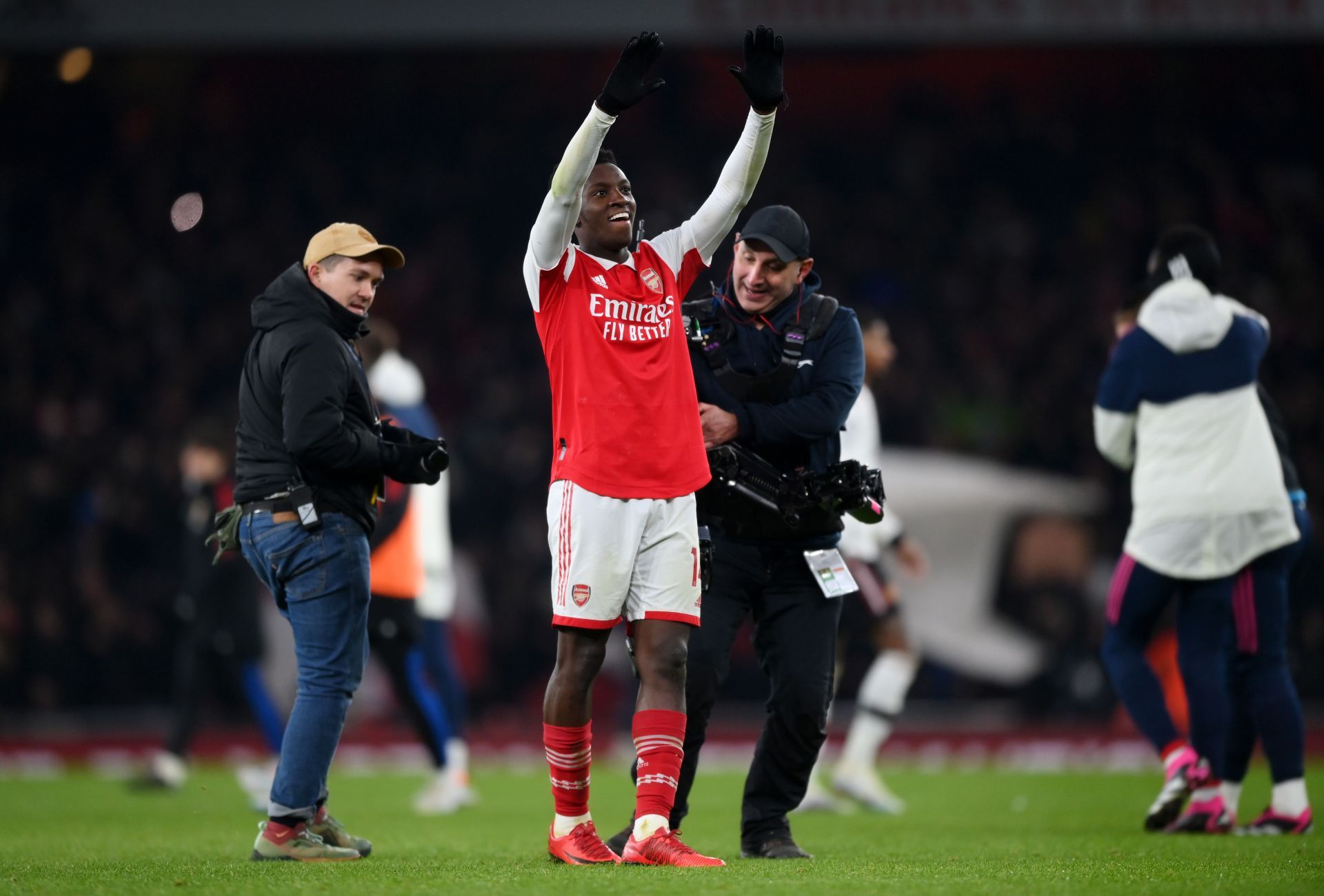 Eddie Nketiah celebrating after Arsenal&#039;s 3-2 victory over Manchester United