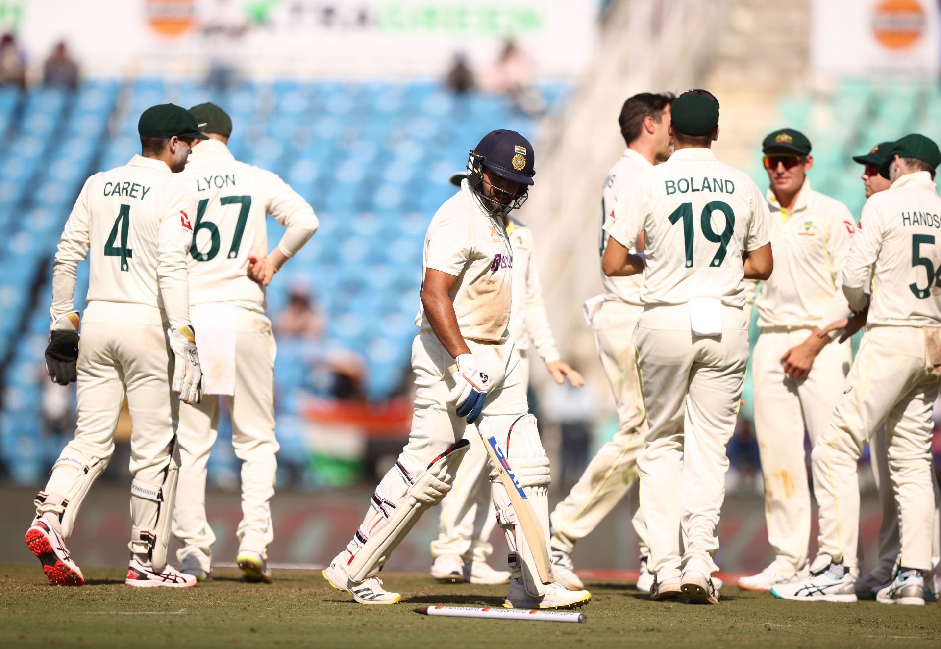 Pat Cummins celebrates Rohit Sharma&#039;s wicket. (Credits: Getty)