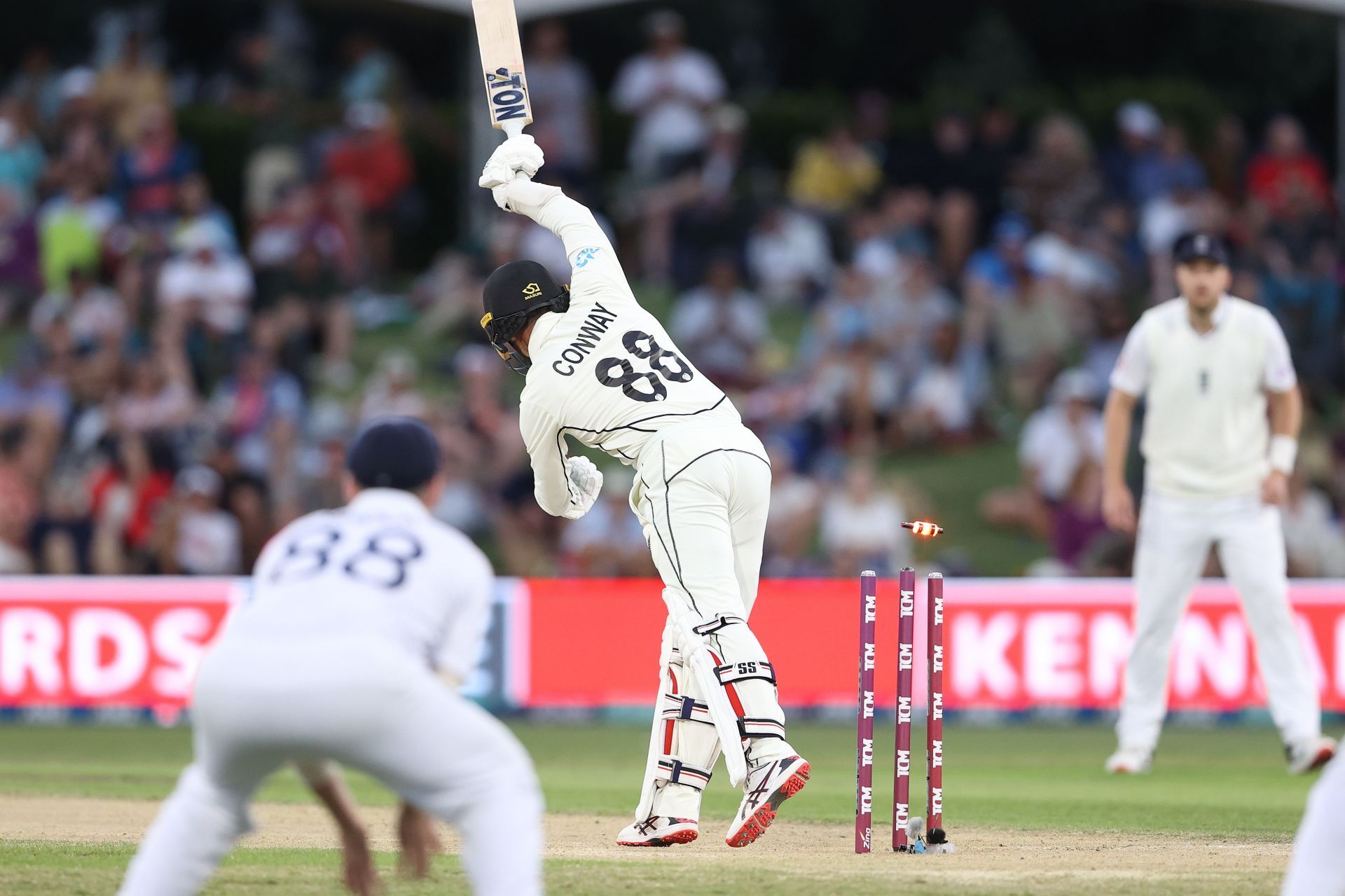 Stuart Broad dismissed Devon Conway for his first wicket of the fourth innings. (Credits: Getty)