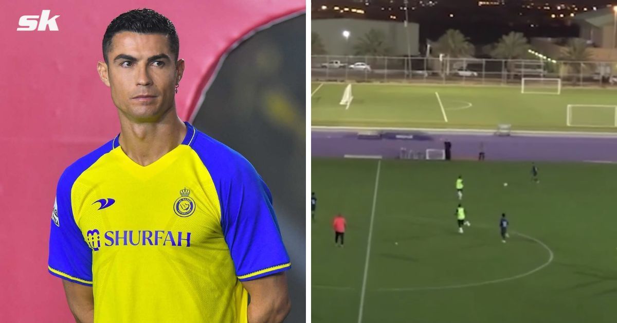 Cristiano Ronaldo Jr. scores an impressive goal in training.