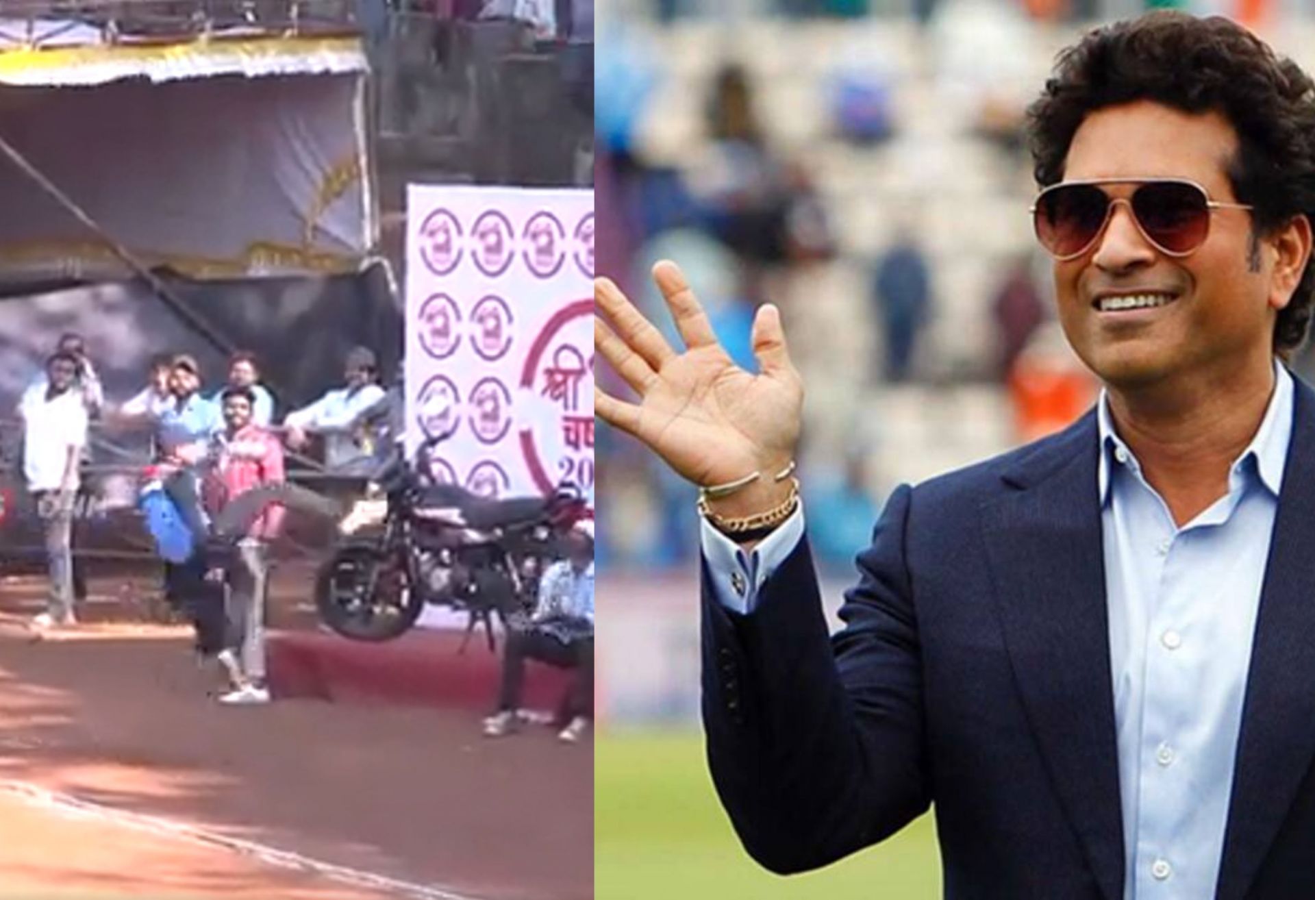 Sachin Tendulkar reacts to an acrobatic fielding effort. 