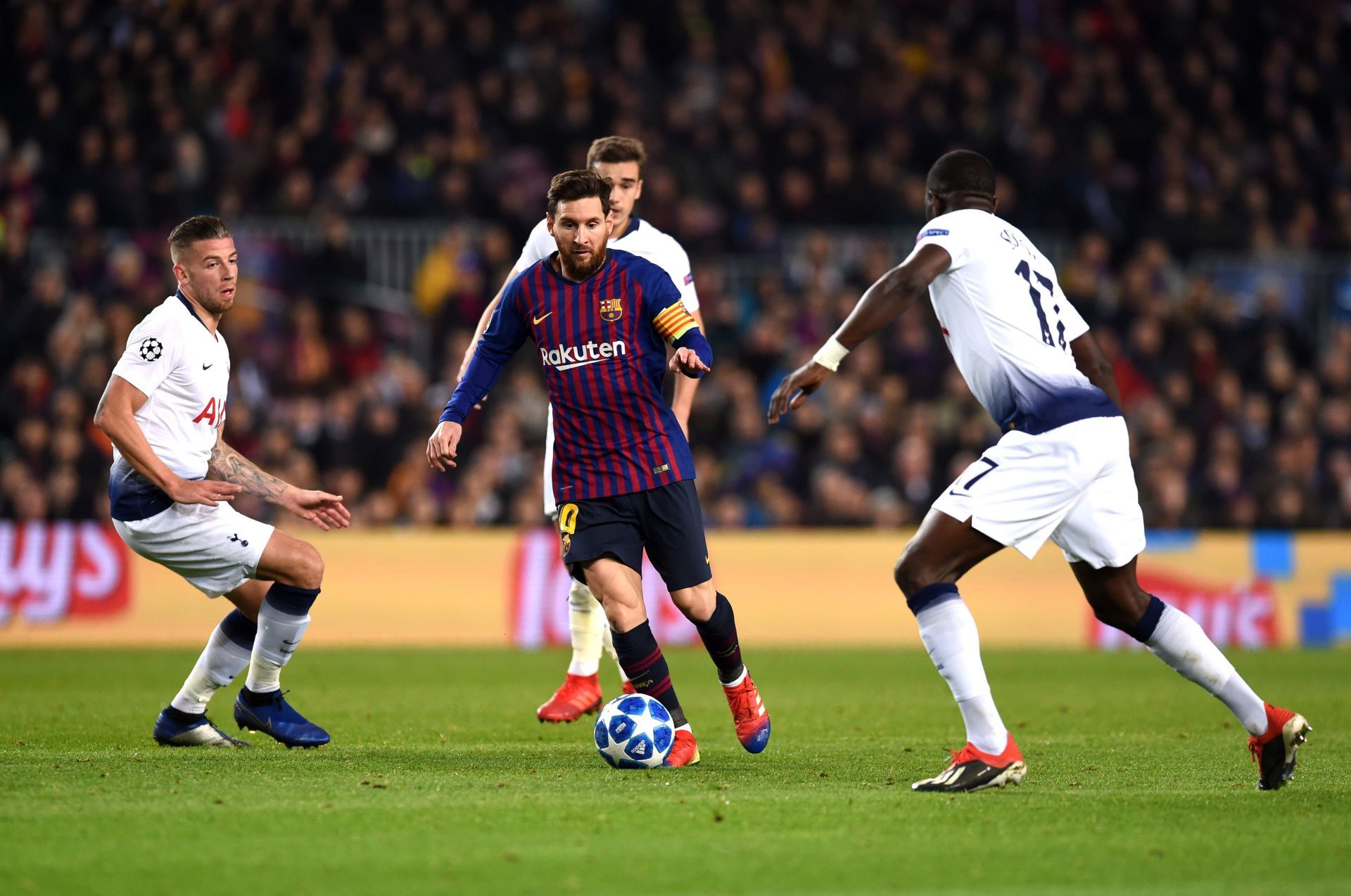 Lionel Messi (centre) was a nightmare for Tottenham&#039;s defence.