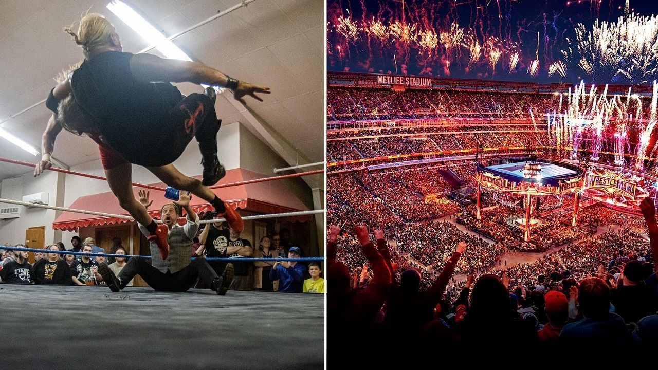 The WWE veteran in action at an independent event (left); A still from WrestleMania 35 (right)