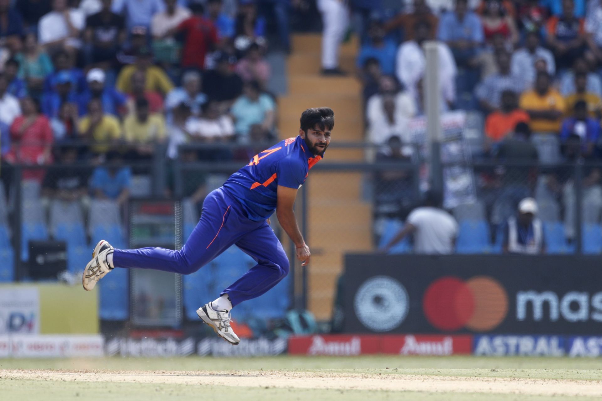 Shardul Thakur bowls during the first ODI. Pic: Getty Images