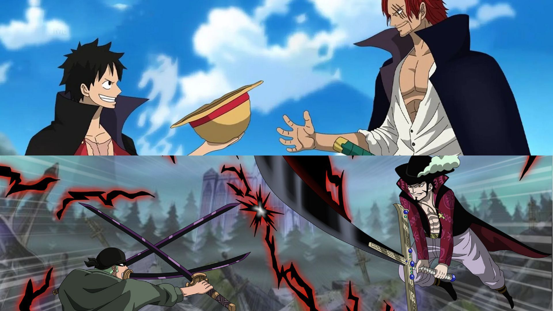 The fates of Shanks and Mihawk are intertwined with those of Luffy&#039;s and Zoro&#039;s (Image via Eiichiro Oda/Shueisha, One Piece)
